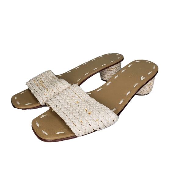 Carrie Forbes Womens Woven Open Toe Slide On Sandals Heels Beige Size 39 EU 9 US - Picture 1 of 16